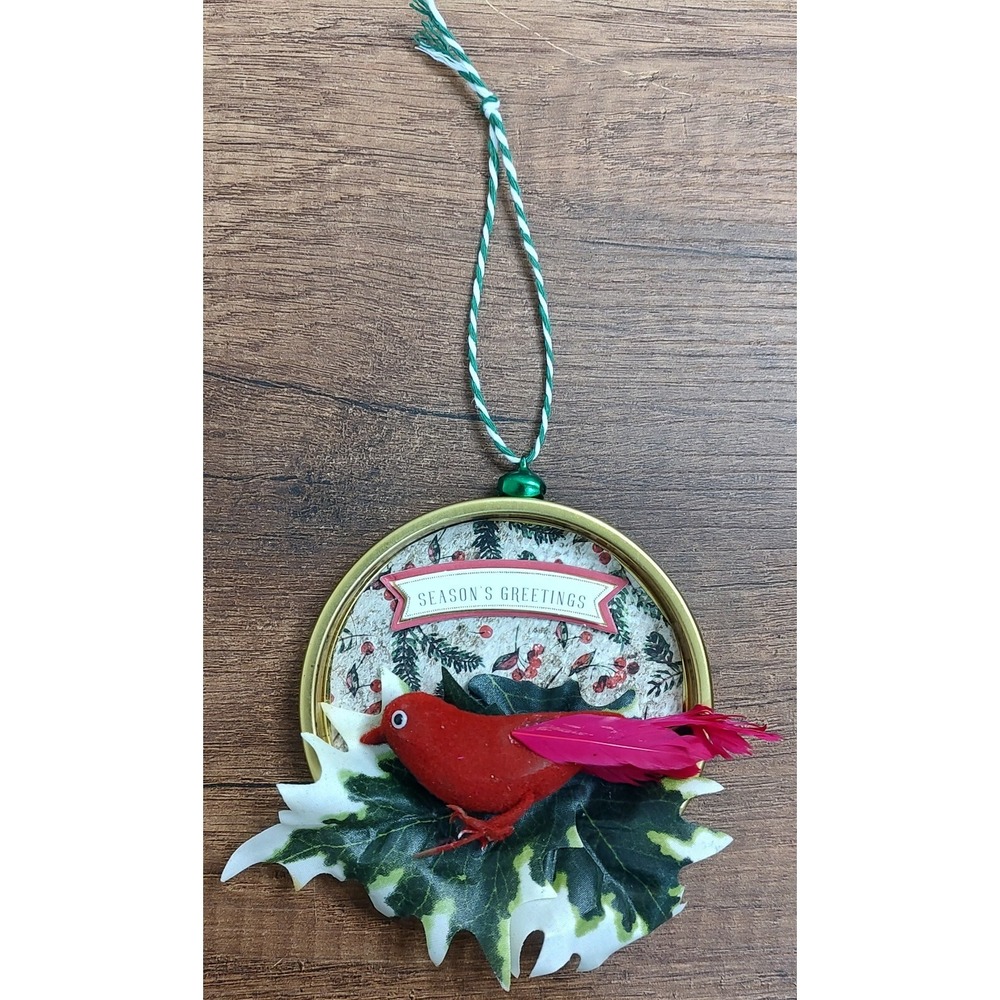 Handmade Cardinal Diorama Christmas Ornament Upcycled Coaster Assemblage Art O3